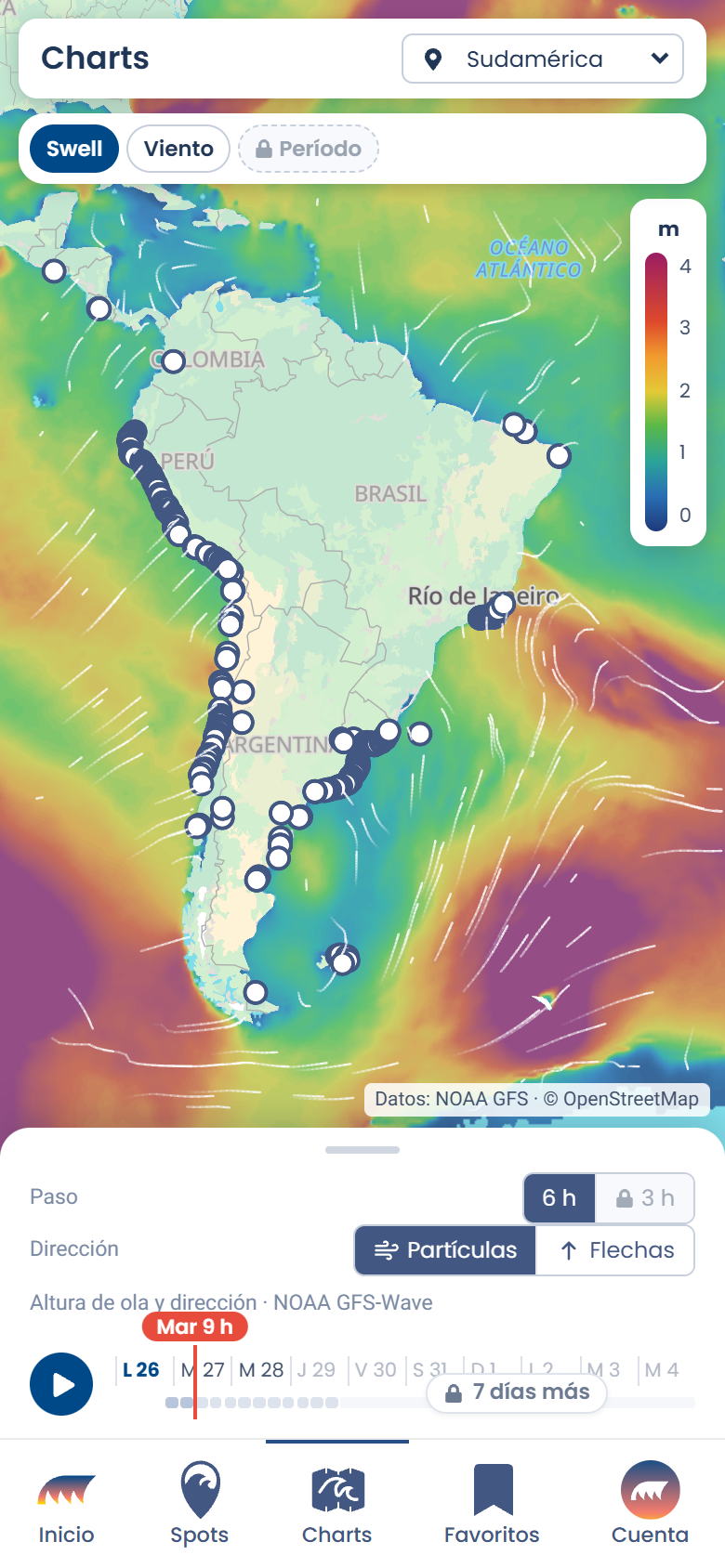 App de Lineup, pestaña Charts: mapa de Sudamérica con altura de swell en colores, puntos de spots en la costa y línea de tiempo en Mar 9 h
