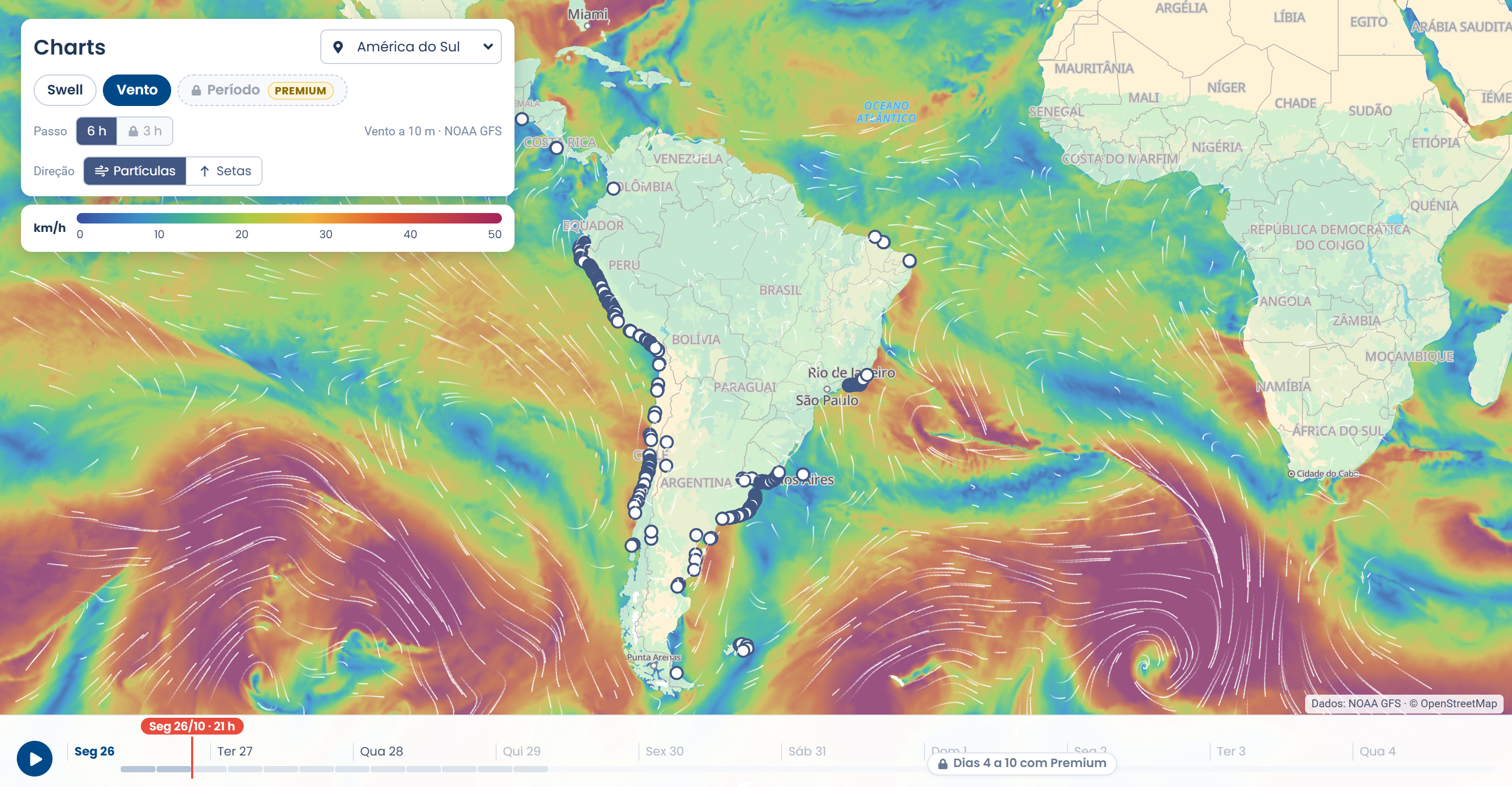 Mapa de vento da América do Sul no Charts da Lineup, com escala em km/h, pontos de picos no litoral e linha do tempo de 26/10