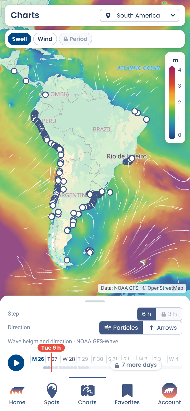 Lineup Charts app showing a South America swell height map with surf spot markers along the coasts and a timeline slider set to Tuesday