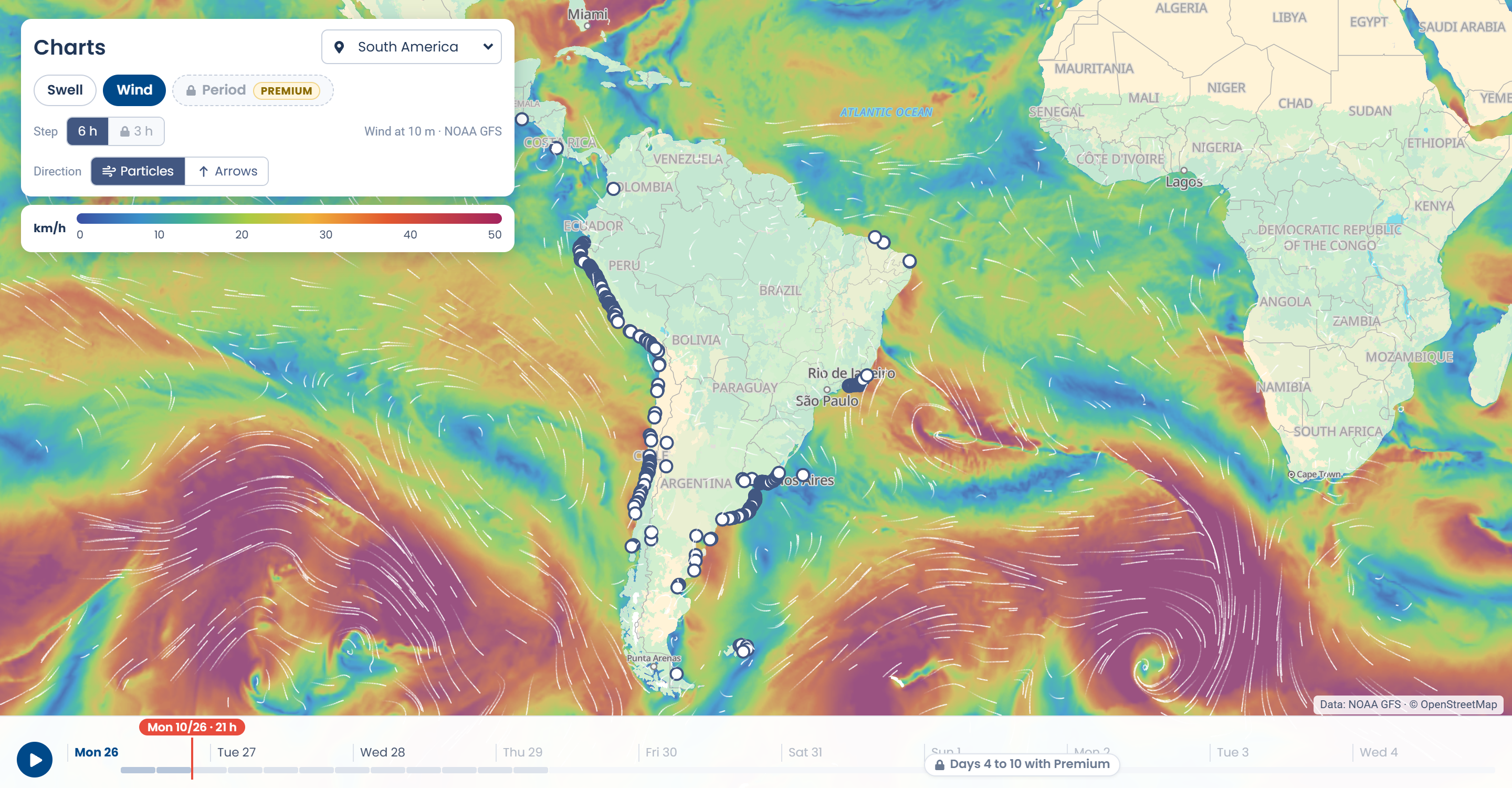 Lineup wind chart of South America showing NOAA GFS wind speed in km/h, with surf spots along the coasts and a timeline from Mon 26 to Wed 4