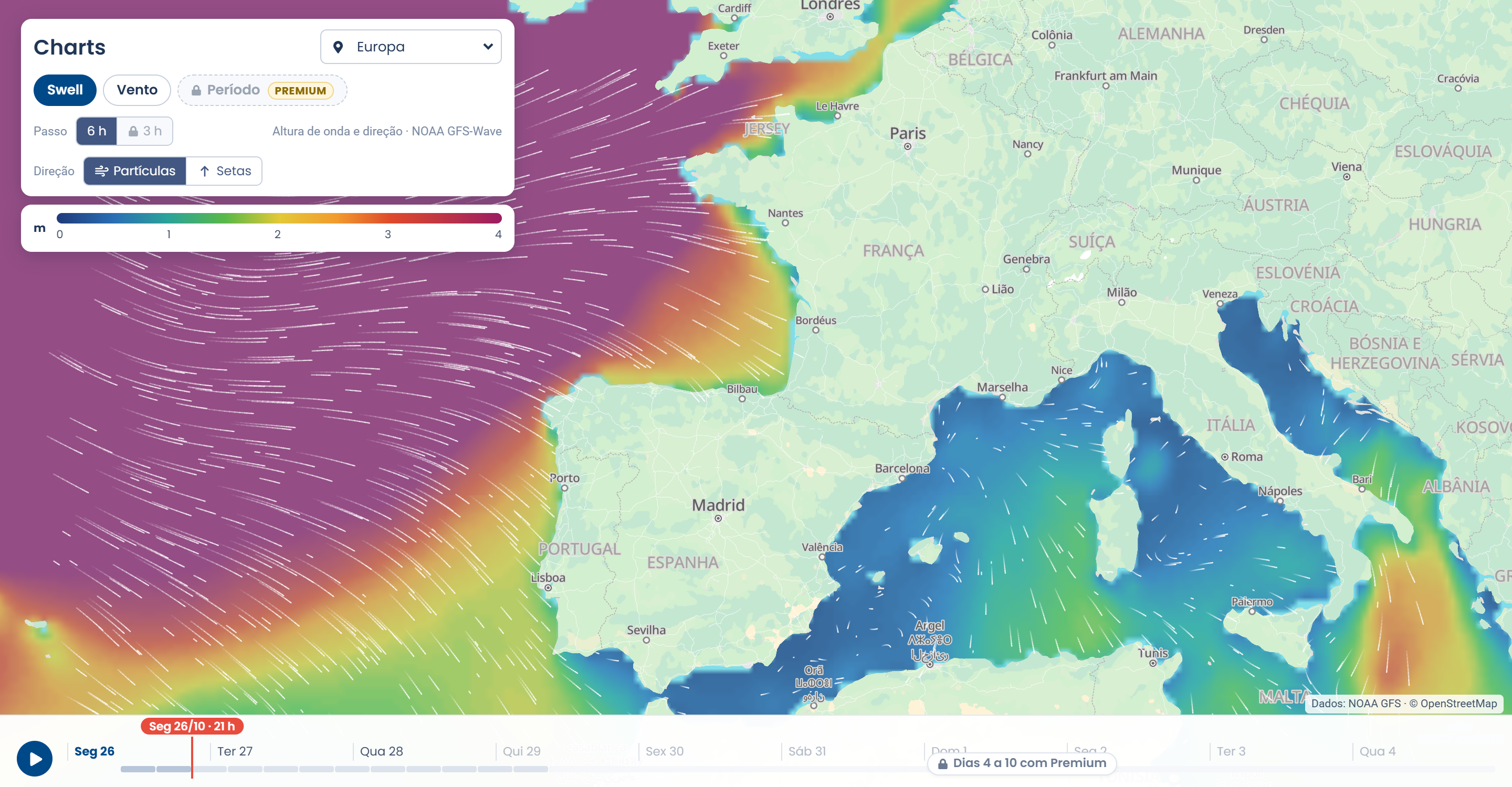 Mapa de Charts da Lineup mostrando a altura do swell na Europa, com ondas de até 4 m no Atlântico e linha do tempo de previsão