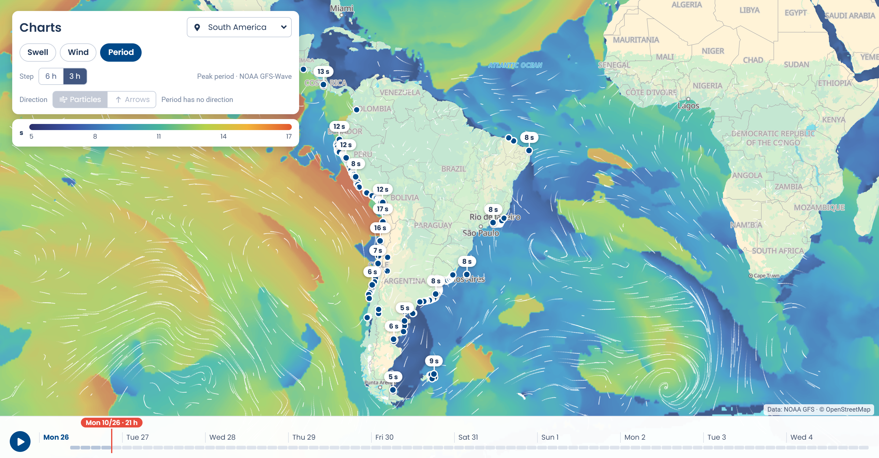 Lineup wave period chart of South America with surf spot markers, peak periods up to 17 s along the Chile and Peru coast, NOAA GFS-Wave data